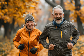 Fototapeta premium Elderly couple taking stroll in the park during fall season