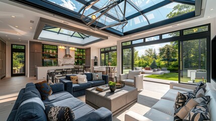 Contemporary suburban home with a motorized, retractable glass roof over the living room, offering open-sky views or a closed environment based on weather conditions