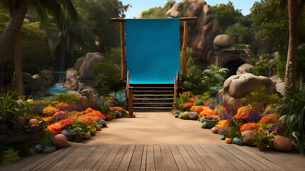 Blue backdrop, lush foliage, and wooden steps create a tropical paradise setting for your next adventure. 
