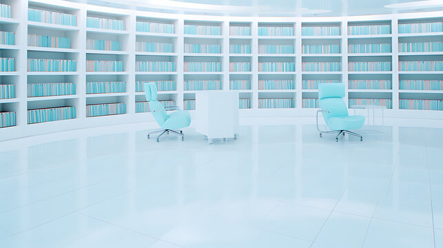 Modern minimalist library with white shelves and blue chairs, evoking tranquility and knowledge, perfect for a study or reading room. 
