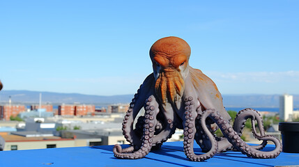 Orange and purple octopus on a blue table, against a city skyline, evoking a mysterious and adventurous mood, perfect for a travel or exploration theme. 
