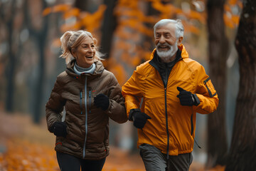 Elderly couple taking stroll in the park during fall season
