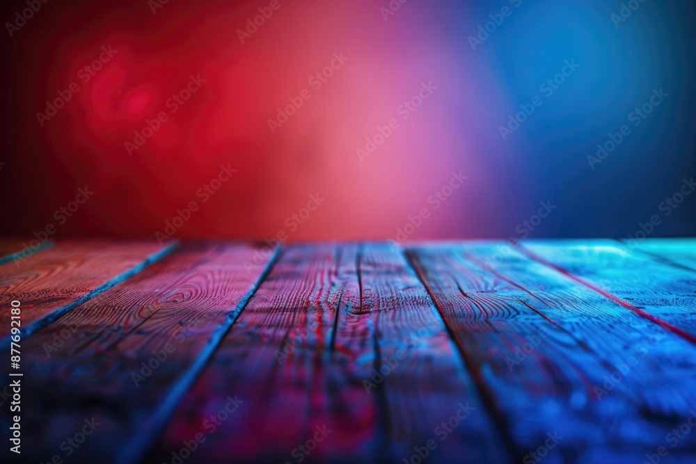 Poster A wooden table with a unique red and blue color scheme, ideal for decoration or as a prop in photography
