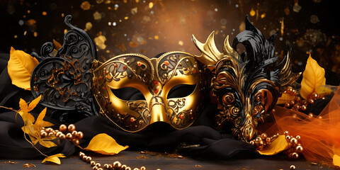 Golden and black masquerade masks with autumn leaves and tulle, a festive and mysterious backdrop for Halloween or Carnival. 
