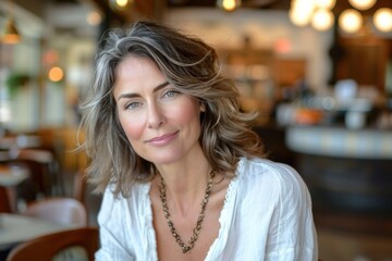 Obraz premium In a coffee shop setting, a woman exudes elegance and health with her brown eyes and silver-streaked shoulder-length hair
