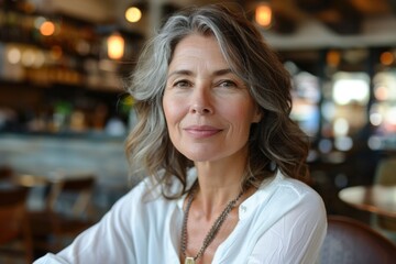 Obraz premium An elegant woman with brown eyes and silver-streaked shoulder-length hair, showing a blend of health and sophistication