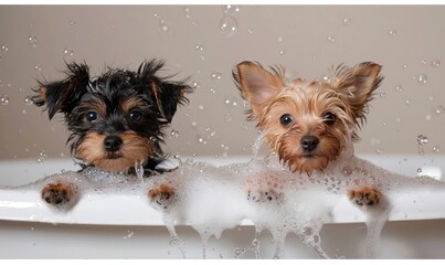 black Yorkshire terrier puppy and red one play in a white cast iron bathtub. shimmering bubbles and bubbles in the air, highlighting a fun animal grooming moment