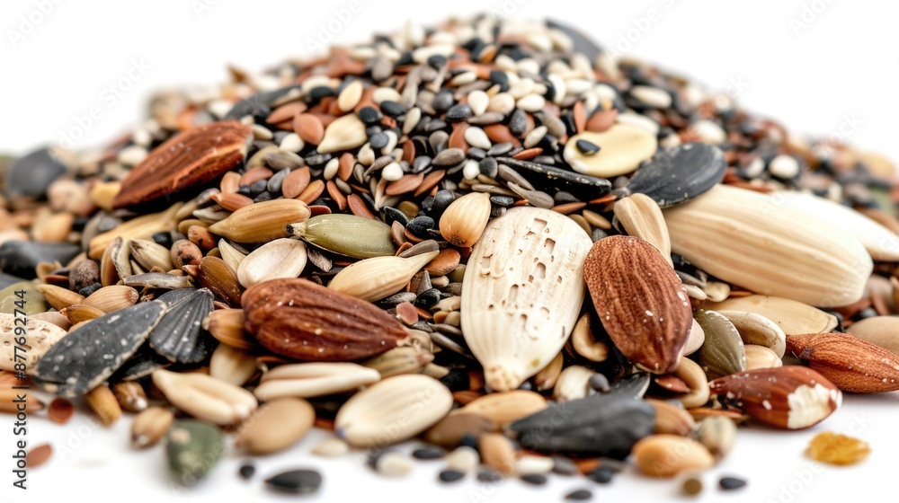 Poster a collection of various nuts and seeds arranged on a white background, ideal for food or decoration 