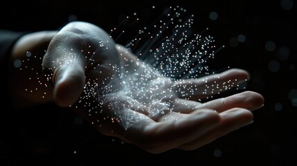 A man dressed in a business suit gestures with an open hand, showcasing a white holographic stock graph projection on a dark background, conveying financial expertise and corporate professionalism