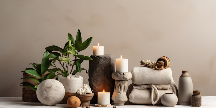 Candles, towels, and plants in a minimalist, earthy tones setting create a spa-like atmosphere for relaxation and self-care. 