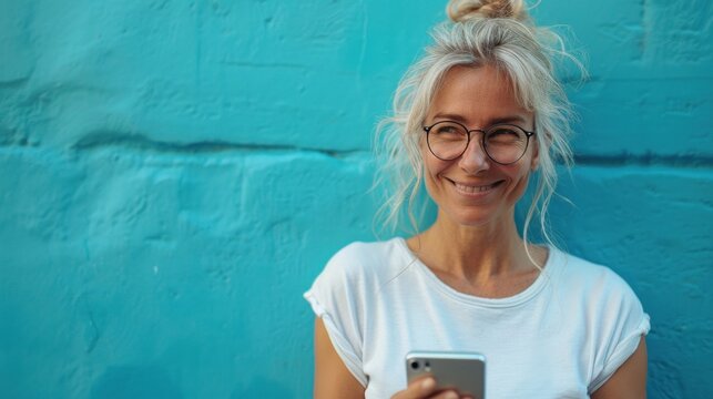 A smiling middle-aged Swedish woman in a white t-shirt, scrolling through her smartphone, stands against a blue wall. Great for technology ads and lifestyle content - Powered by Adobe