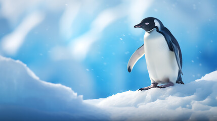 Fototapeta premium A black and white penguin stands on a snowdrift, against a blue and white blurred background, capturing the essence of winter and the beauty of the arctic. 