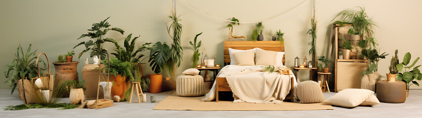 Cozy bedroom with natural elements, green plants and wooden furniture, perfect for a relaxing retreat. 
