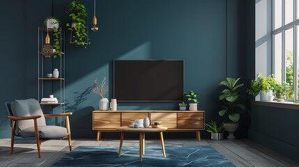 Modern living room with blue walls, wooden furniture, and plants, perfect for showcasing home decor and interior design. 
