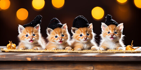 Four adorable orange kittens wearing black witch hats on a wooden table with golden holiday decorations. 
