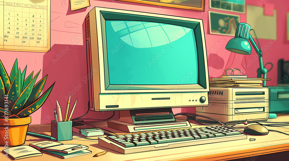 Poster Old personal computer sitting on desk with turquoise screen displaying information