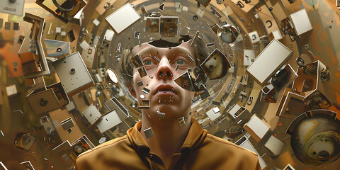 A man in a yellow jacket is overwhelmed by a whirlwind of memories,  gold, white, and brown,  illustrating the passage of time and the weight of the past. 