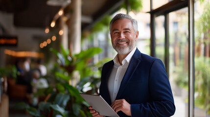 Happy businessman smiling holding tablet in modern office green plants