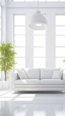 White minimalist living room with green plant and sofa, perfect for modern home design. 
