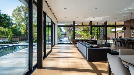 Contemporary suburban home with floor-to-ceiling, polarized windows that automatically tint based on sunlight intensity