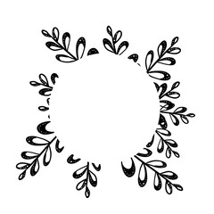 Wreath with twigs and rounded leaves, black and white illustration