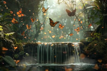 Butterflies flying over a waterfall in a lush, green forest