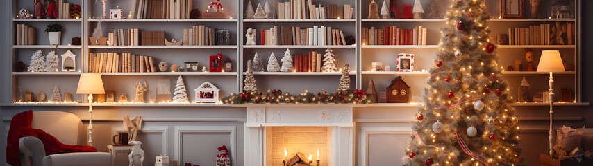 Cozy Christmas living room with warm white lights, red accents, and a glowing fireplace.  