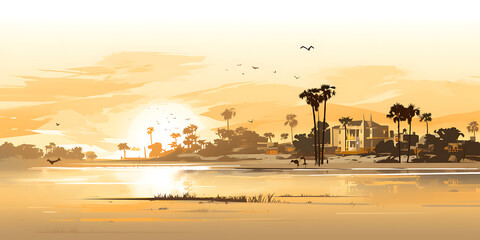 Naklejka premium A sunset over a lake with palm trees and a house in the background, in yellow and brown tones, evoking tranquility and a sense of peace. 