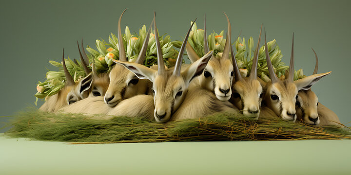 Cute baby gazelles, brown and white, nestled in green grass, a delicate and innocent image for spring or new life. 
