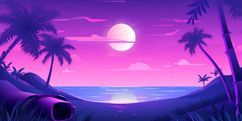 Purple palm trees and a blue ocean under a pink sky with a white moon, tropical summer vacation background. 
