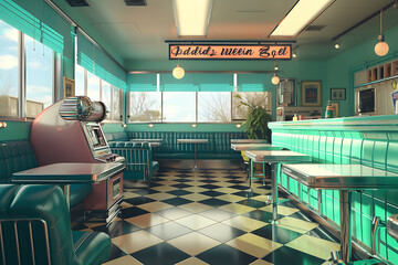 Retro diner interior design, teal and chrome, nostalgic and inviting, perfect for a 50s themed restaurant or diner. 
