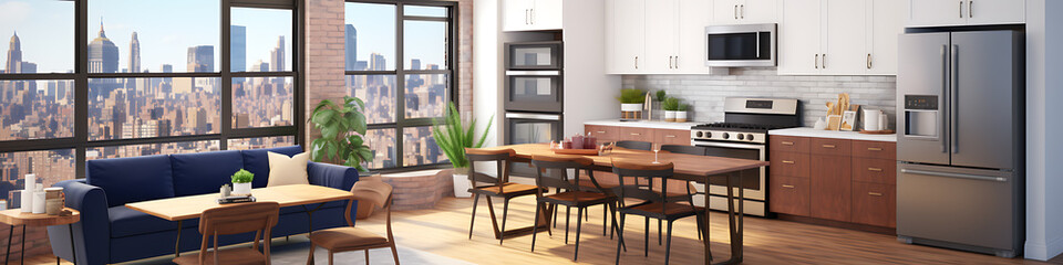 Fototapeta premium Modern kitchen with a city view, blue, brown and white, stylish and contemporary, showcasing urban living and a sense of sophistication. 