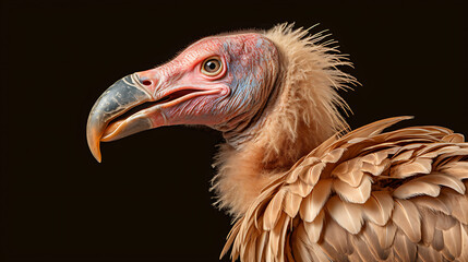 Fototapeta premium Close-up portrait of a red and brown vulture with a black background, perfect for wildlife, nature, and animal photography projects. 