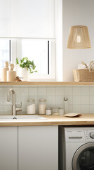 Modern white and wood laundry room with a washing machine, a sink, and a window, perfect for a clean and minimalist home design. 
