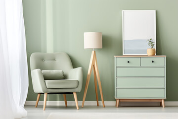 Green armchair, dresser, and lamp in a minimalist living room, perfect for modern home decor. 
