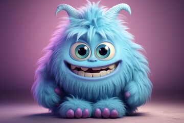 Cute fluffy blue 3D monster character in kids cartoon styl