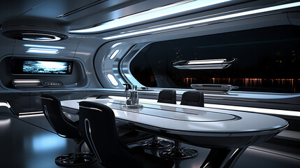 Futuristic, sleek, silver, black, white,  interior design,  spacecraft,  futuristic dining,  luxury and modern. 