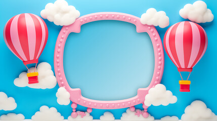 Pink, white, and blue 3D hot air balloons and clouds frame a blank space for your design, perfect for a baby shower or birthday celebration. 