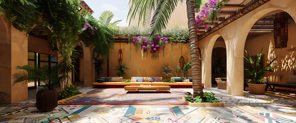 A Moroccan patio with lush greenery and vibrant colors, perfect for a relaxing escape. 

