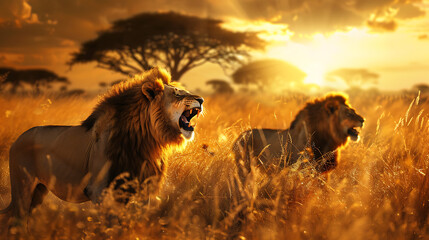 Two majestic lions roar in golden light, showcasing the beauty and power of the African savanna. 