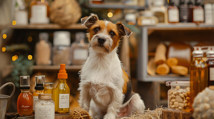 A white and brown dog sits on a wooden shelf with jars of natural products, a warm and inviting image for pet care and natural products. 
