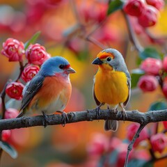 Obraz premium Photography of colorful birds wearing tiny collars, socializing on a vibrant tree branch, close-up, bright background