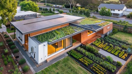 Fototapeta premium Contemporary suburban home with an advanced eco-friendly rainwater harvesting system and green roof