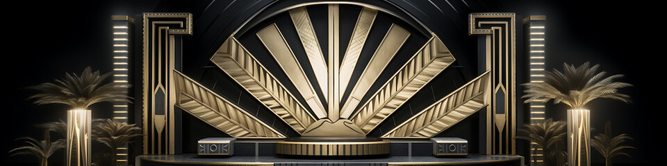 Fototapeta premium Art Deco style, gold, black, and white, a luxurious and elegant stage setting for a product reveal, evoking glamour and sophistication. 