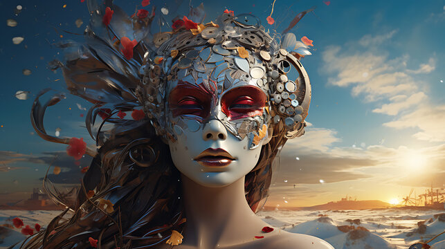 A woman in a red and silver mask, with a futuristic, fantasy style, evoking mystery and intrigue, perfect for a masquerade ball or a magical event. 

