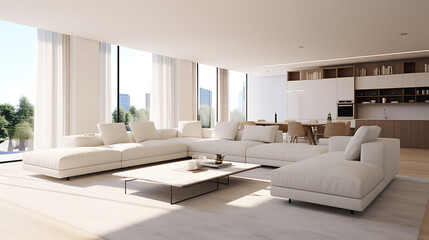 Modern white sectional sofa,  light wood, and white walls,  minimalist living room design,  contemporary home interior,  luxury and comfort. 