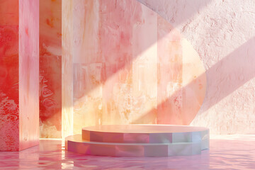 Abstract pink, orange and white  pastel  background with a  podium for product display, perfect for showcasing beauty or lifestyle products. 
