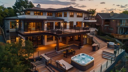 Fototapeta premium Contemporary suburban home with an expansive, multi-tier deck that includes various entertainment zones and a hot tub