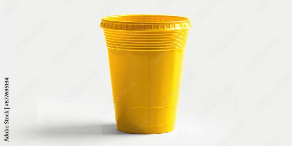 Poster a simple and familiar scene with a bright yellow plastic cup sitting on top of a table
