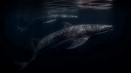 Fototapeta premium Two whales swim in dark blue water, a dramatic underwater scene with a sense of mystery and awe. 